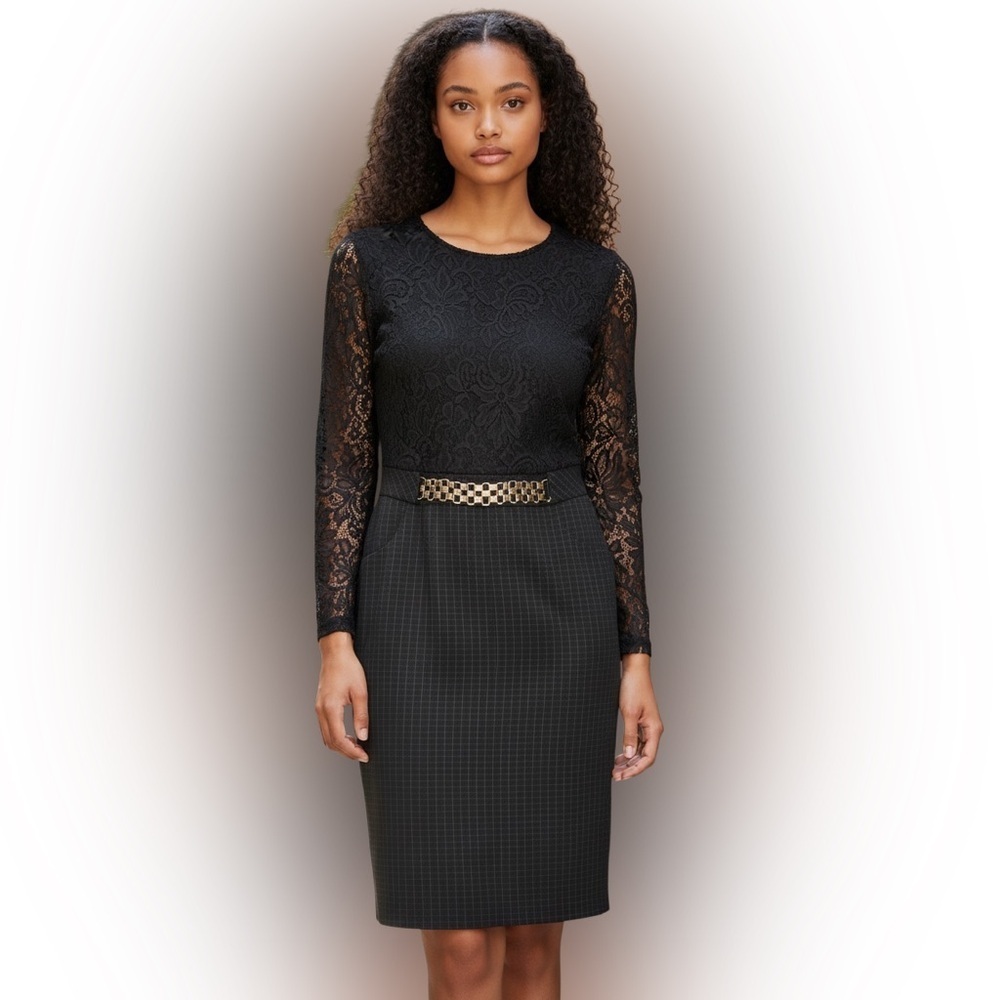 Elegant Black Lace Dress with Gold Accents - Picture 1 of 6